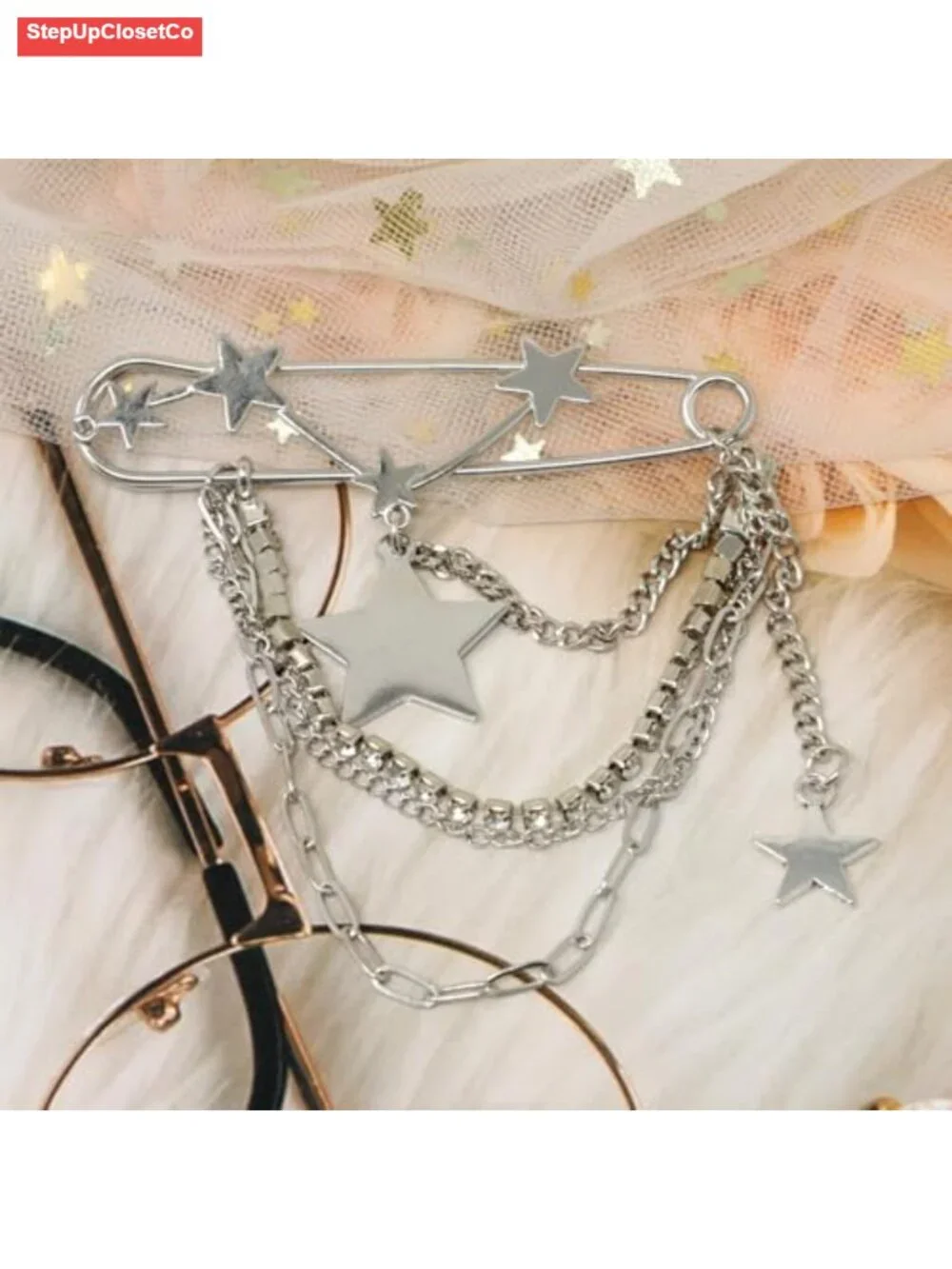 Y2K Star Tassel Rhinestone Brooch Pin for Women, Sweater Shawl Clip, Alloy